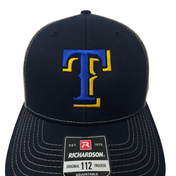 Richardson Blue Gold Embroidered T Logo Mesh Snapback Cap Trucker Baseball Hat - Picture 7 of 13